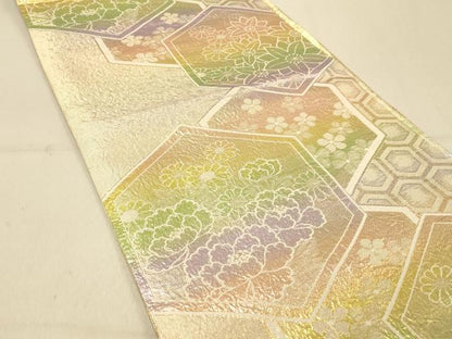 平和屋着物◎両面　六通柄袋帯　亀甲重ね花文　金糸　正絹　逸品　DAAY4518jm