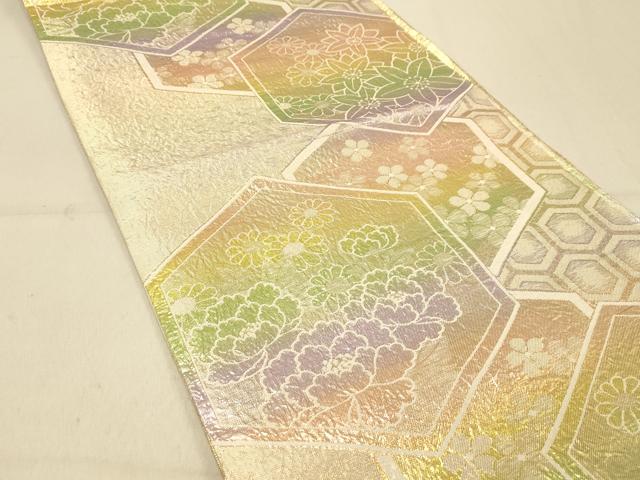 平和屋着物◎両面　六通柄袋帯　亀甲重ね花文　金糸　正絹　逸品　DAAY4518jm