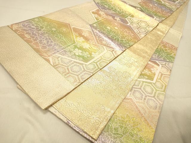 平和屋着物◎両面　六通柄袋帯　亀甲重ね花文　金糸　正絹　逸品　DAAY4518jm