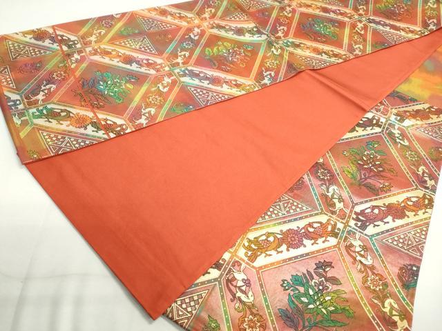 平和屋着物◎六通柄袋帯　更紗花動物文　銀糸　正絹　逸品　DAAY4524qa
