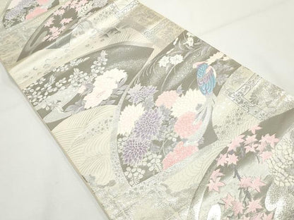 平和屋着物◎六通柄袋帯　唐織　桃山琳派　地紙花鳥文　銀糸　正絹　逸品　DAAY4592qa