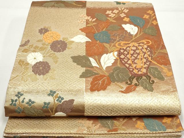 平和屋着物◎佐賀錦　六通柄袋帯　唐織　草花文　壺　金糸　正絹　逸品　DAAY4633qa