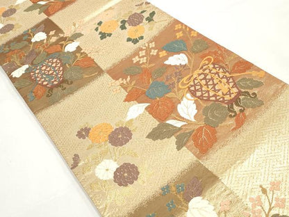 平和屋着物◎佐賀錦　六通柄袋帯　唐織　草花文　壺　金糸　正絹　逸品　DAAY4633qa