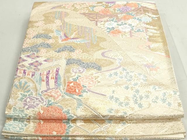 平和屋着物◎六通柄袋帯　山水花園文　金糸　正絹　逸品　DAAY4713qa