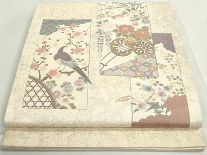平和屋着物◎太鼓柄袋帯　花鳥枝梅文　金銀彩　正絹　逸品　DAAY4723qa