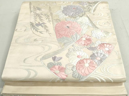 平和屋着物◎太鼓柄袋帯　総刺繍　流水花蝶文　銀糸　正絹　逸品　DAAY4769qa