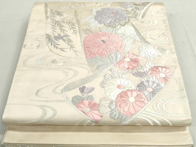 平和屋着物◎太鼓柄袋帯　総刺繍　流水花蝶文　銀糸　正絹　逸品　DAAY4769qa