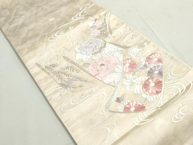 平和屋着物◎太鼓柄袋帯　総刺繍　流水花蝶文　銀糸　正絹　逸品　DAAY4769qa