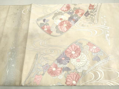 平和屋着物◎太鼓柄袋帯　総刺繍　流水花蝶文　銀糸　正絹　逸品　DAAY4769qa