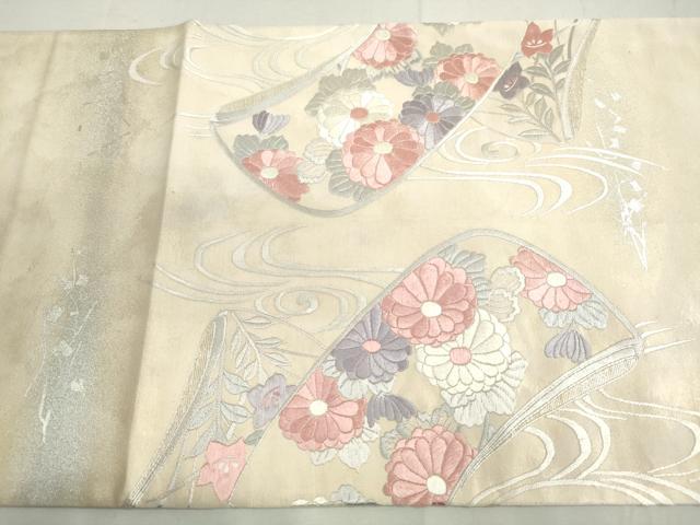 平和屋着物◎太鼓柄袋帯　総刺繍　流水花蝶文　銀糸　正絹　逸品　DAAY4769qa