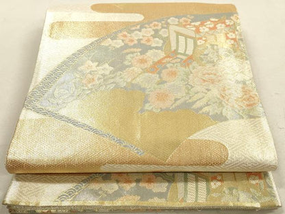平和屋着物◎宝珠本佐賀錦　六通柄袋帯　扇面几帳花文　金糸　正絹　逸品　DAAY4907qa