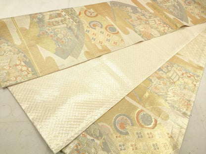 平和屋着物◎宝珠本佐賀錦　六通柄袋帯　扇面几帳花文　金糸　正絹　逸品　DAAY4907qa