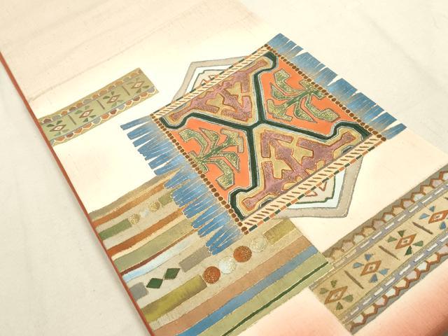 平和屋着物◎太鼓柄袋帯　紬地　幾何学文　金彩　正絹　逸品　DAAY4909qa