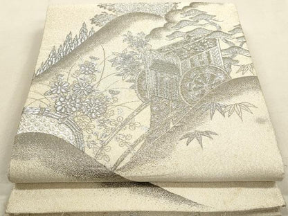 平和屋着物◎綴れ　太鼓柄袋帯　重ね山御所車花文　銀糸　正絹　逸品　DAAY4915qa