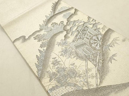 平和屋着物◎綴れ　太鼓柄袋帯　重ね山御所車花文　銀糸　正絹　逸品　DAAY4915qa