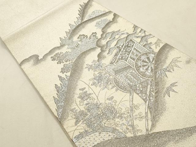 平和屋着物◎綴れ　太鼓柄袋帯　重ね山御所車花文　銀糸　正絹　逸品　DAAY4915qa
