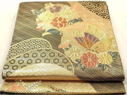 平和屋着物◎六通柄袋帯　花蝶文　黒地　金糸　正絹　逸品　DAAY4957qa