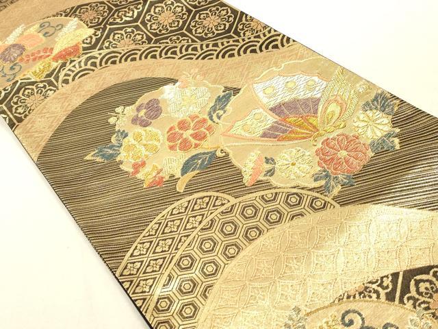 平和屋着物◎六通柄袋帯　花蝶文　黒地　金糸　正絹　逸品　DAAY4957qa