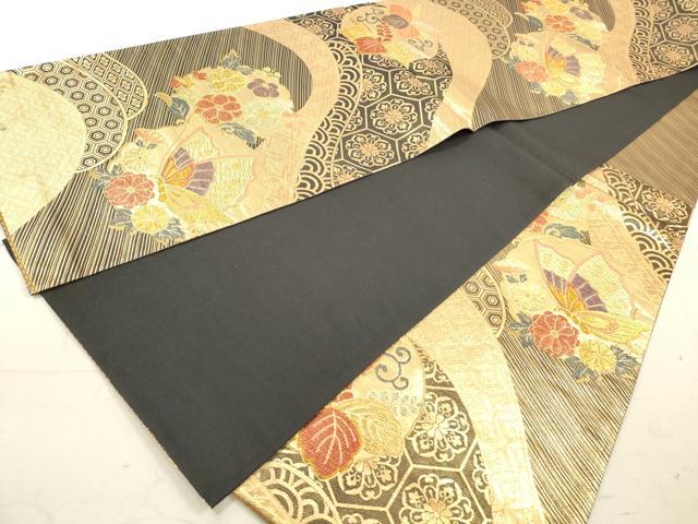 平和屋着物◎六通柄袋帯　花蝶文　黒地　金糸　正絹　逸品　DAAY4957qa
