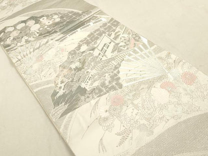 平和屋着物◎六通柄袋帯 蒔絵調桧扇紋 プラチナ箔 手織二重箔 正絹 逸品 DAAY4971qa