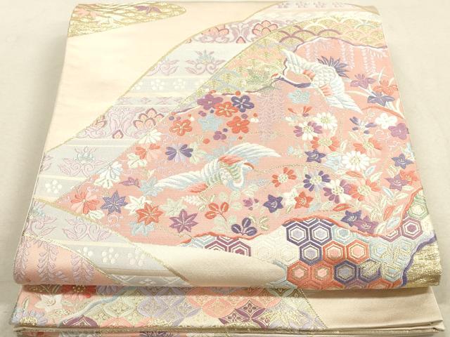 平和屋着物◎六通柄袋帯 唐織 美山間道鶴花文 金糸 正絹 逸品 DAAY4976qa