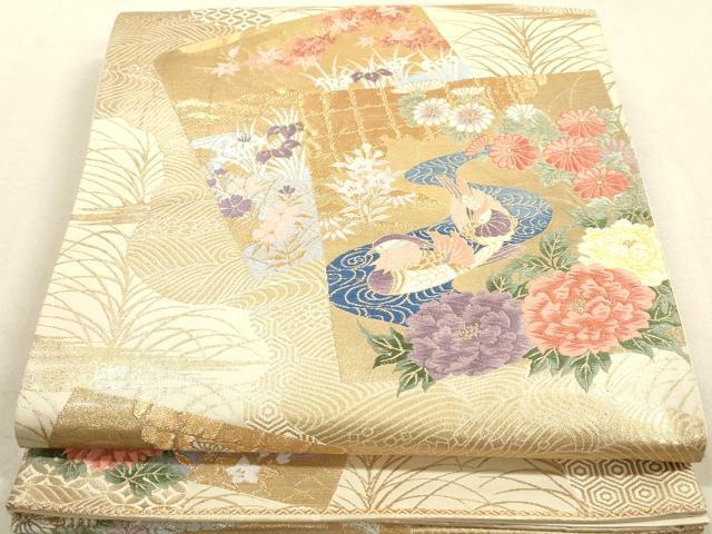 平和屋着物◎六通柄袋帯 唐織 流水鴛鴦花文 鶴 金銀糸 正絹 逸品 DAAY4991qa
