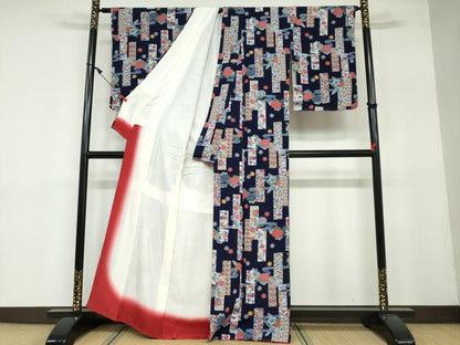 平和屋着物●上質な小紋　型染め　流水短冊草花文　正絹　逸品　未使用　DAAY5079ud