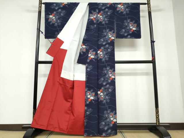平和屋着物●小千谷紬 本真綿織 地紙重ね草花文 証紙付き 正絹 逸品 未使用 DAAY5149ud
