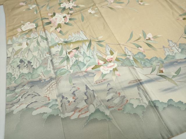 平和屋着物●訪問着　友禅　作家物　渡橋風景草花文　暈し染め　正絹　逸品　DAAY5153ud