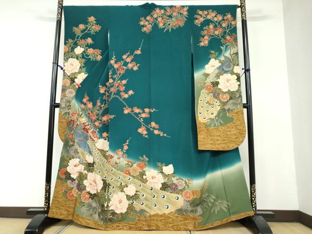 平和屋着物●豪華振袖 駒刺繍 孔雀草花文 暈し染め 金彩 正絹 逸品 DAAY5183ud