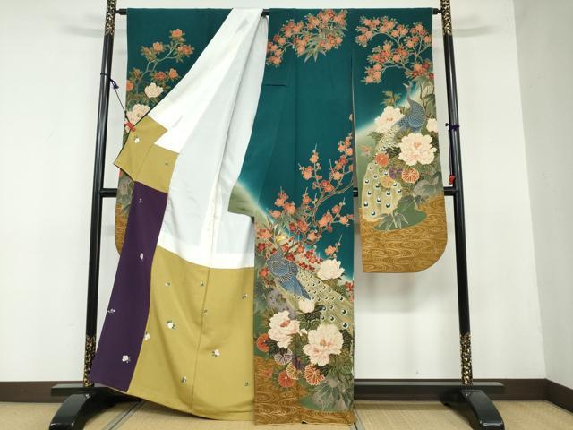 平和屋着物●豪華振袖 駒刺繍 孔雀草花文 暈し染め 金彩 正絹 逸品 DAAY5183ud