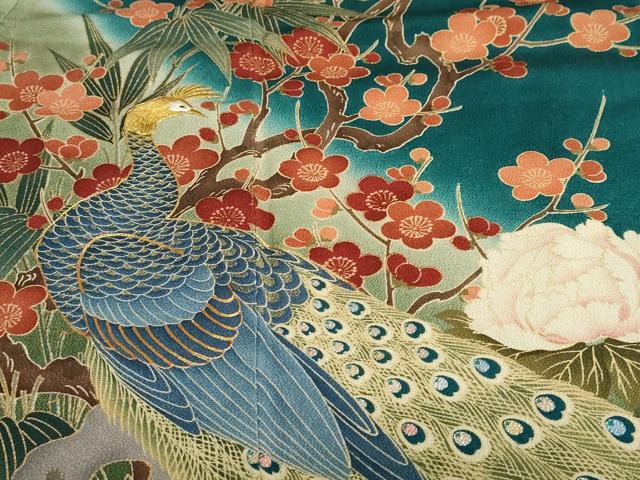 平和屋着物●豪華振袖 駒刺繍 孔雀草花文 暈し染め 金彩 正絹 逸品 DAAY5183ud