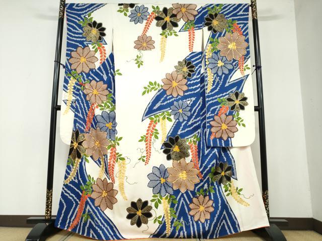 平和屋着物●豪華振袖 駒刺繍 鹿の子舞花文 金彩 正絹 逸品 DAAY5199ud