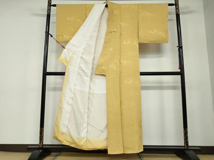 平和屋着物●上質な色無地　御所車風景草花地紋　黄朽葉色　正絹　逸品　DAAY5224ud