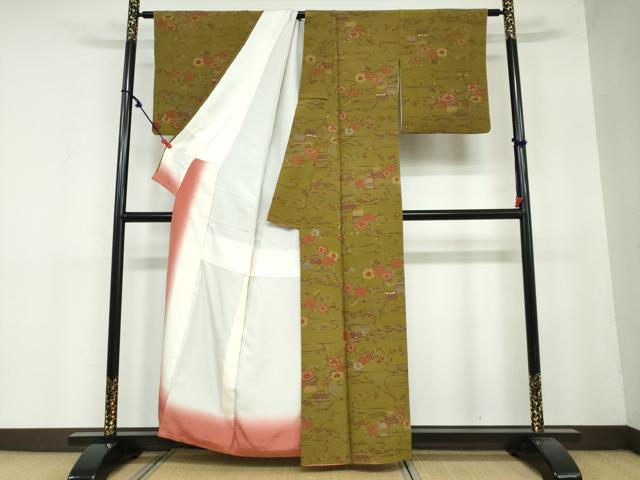 平和屋着物●上質な小紋　型染め　風景草花文　正絹　逸品　DAAY5238ud