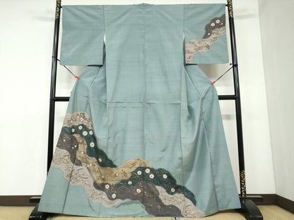 平和屋着物●訪問着 紬地 絞り 道長草花文 金銀彩 正絹 逸品 DAAY5406ud