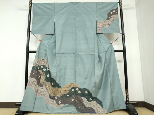 平和屋着物●訪問着 紬地 絞り 道長草花文 金銀彩 正絹 逸品 DAAY5406ud