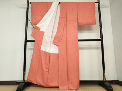 平和屋着物●上質な色無地　草花地紋　赤丹色　正絹　逸品　DAAY5413ud