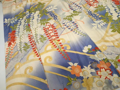 平和屋着物●アンティーク 大正ロマン 小振袖 立波草花文 正絹 逸品 DAAY5442ud