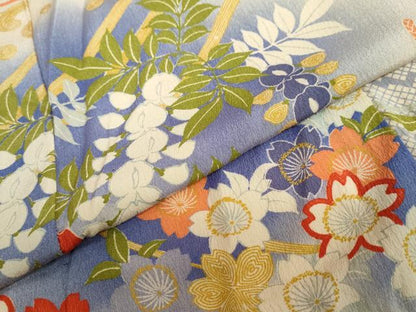 平和屋着物●アンティーク 大正ロマン 小振袖 立波草花文 正絹 逸品 DAAY5442ud
