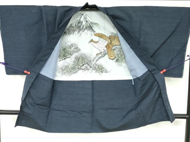 平和屋着物●男性　紬　アンサンブル　長羽織　鉄紺色　正絹　逸品　DAAY5499ud