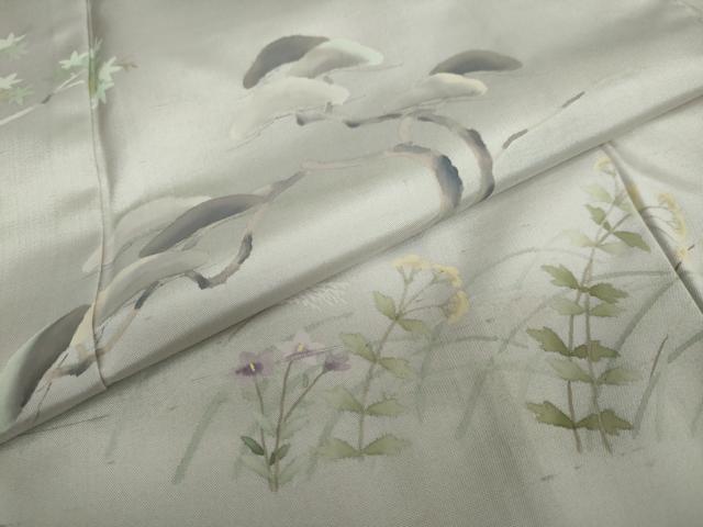 平和屋着物●訪問着 作家物 紬地 流水草花文 鈴乃屋扱い 正絹 逸品 DAAY5538ud