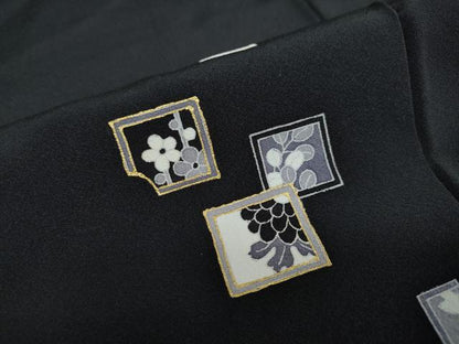 平和屋着物●訪問着 箔散らし草花文 黒地 金彩 正絹 逸品 DAAY5543ud