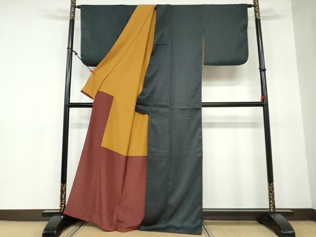 平和屋着物●色無地　霞地紋　高麗納戸色　カラー胴裏：狐色　洗える着物　DAAY5547ud