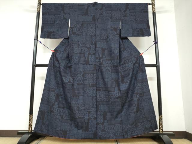 平和屋着物●結城紬　80亀甲　抽象文様　正絹　逸品　DAAY5580ud