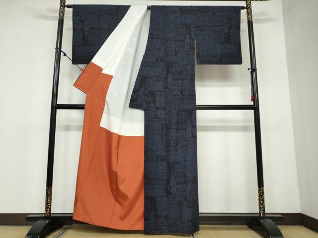 平和屋着物●結城紬　80亀甲　抽象文様　正絹　逸品　DAAY5580ud