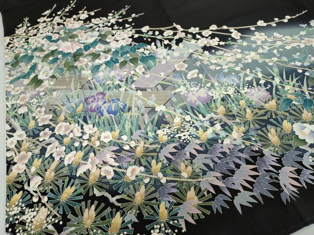 平和屋着物●本加賀友禅作家　菊田宏幸　黒留袖　草花文　暈し染め　正絹　逸品　DAAY5614ud