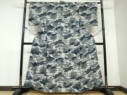平和屋着物●上質な小紋　藍　型染め　流水風景草花文　鬼しぼ縮緬　正絹　逸品　DAAY5639ud