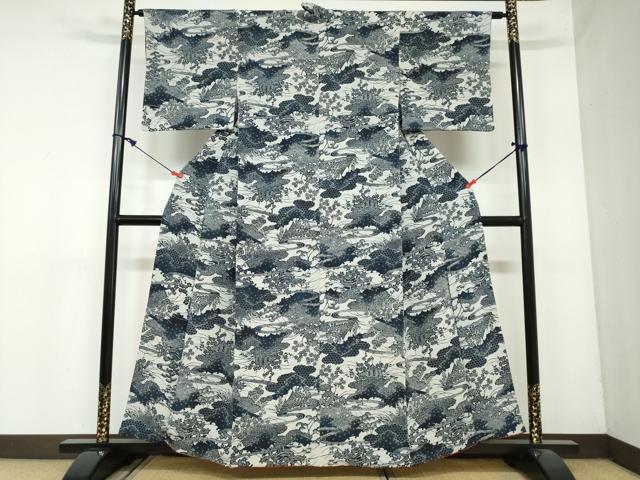 平和屋着物●上質な小紋　藍　型染め　流水風景草花文　鬼しぼ縮緬　正絹　逸品　DAAY5639ud
