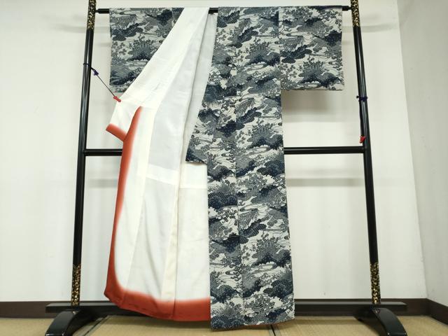 平和屋着物●上質な小紋　藍　型染め　流水風景草花文　鬼しぼ縮緬　正絹　逸品　DAAY5639ud